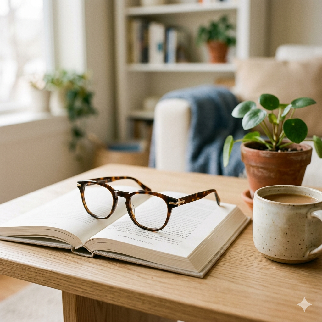 Eyeglasses resting on an open book beside a coffee cup