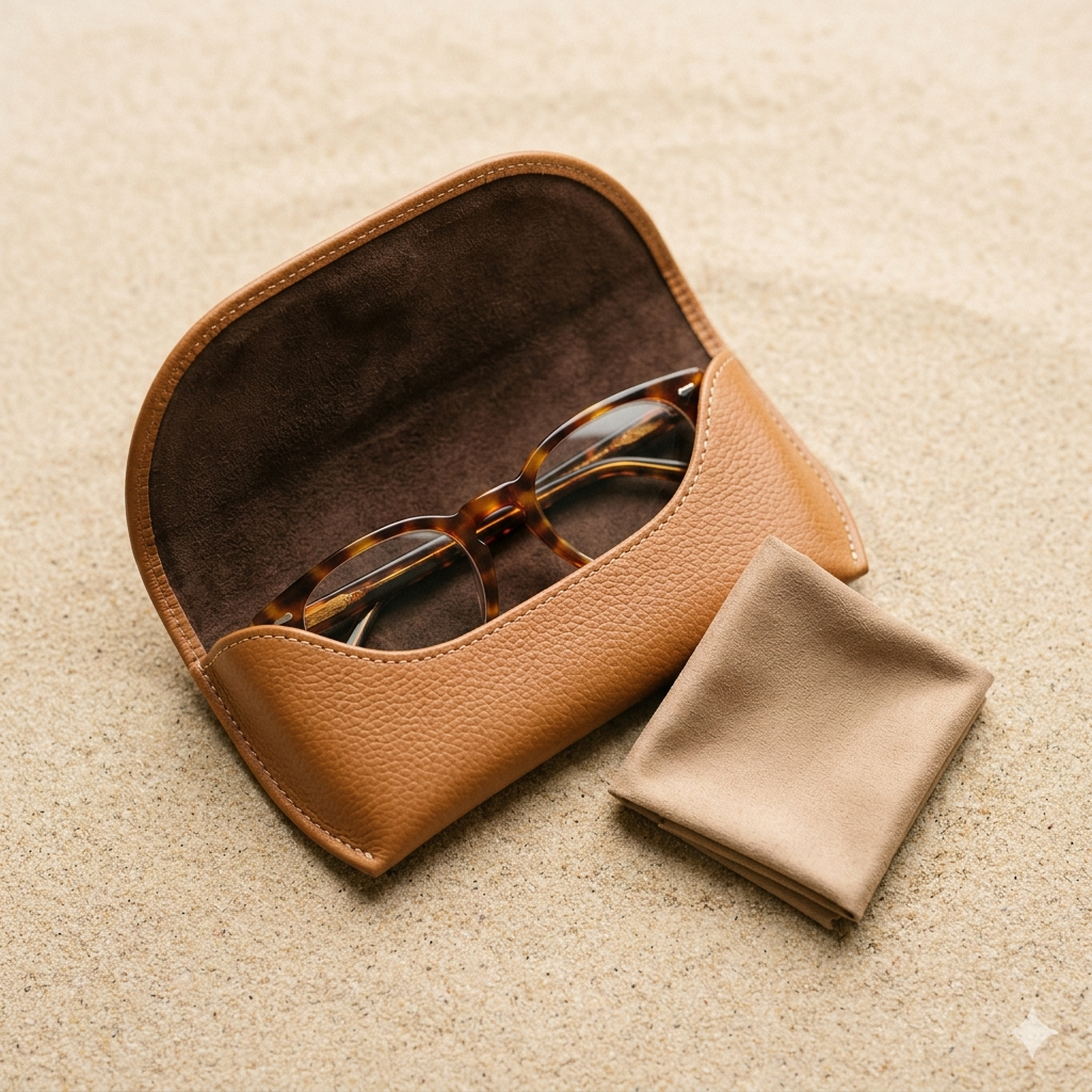 A pair of glasses in an open tan leather case