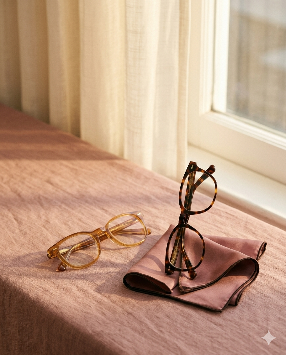 Editorial still life of eyeglasses by a sunlit window