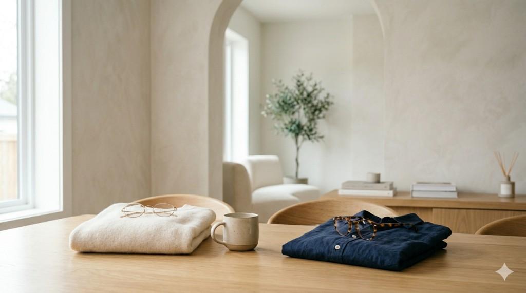 Eyeglasses on folded knit and navy shirts on a light wood table in a bright minimalist room with an arched doorway